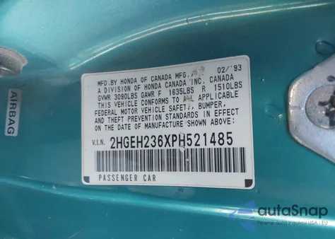 1993 Honda Civic Dx from USA, damaged, VIN 2HGEH236XPH521485